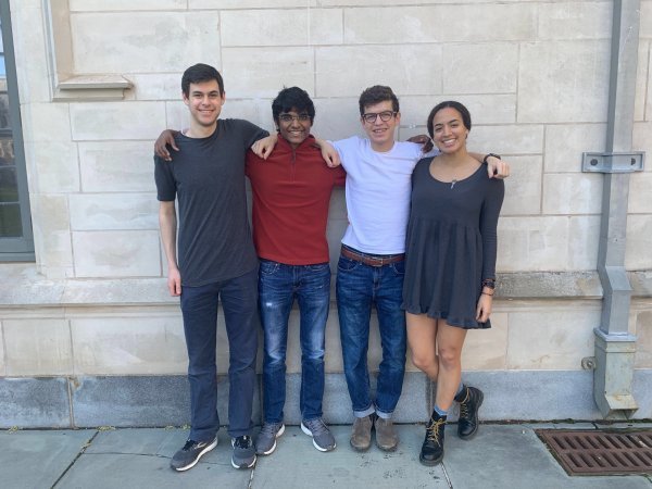 The Adora team standing in front of a building on campus prior to the pandemic. From left: Joseph Rubin, Sacheth Sathyanarayanan, Ron Miasnik, Raya Ward.