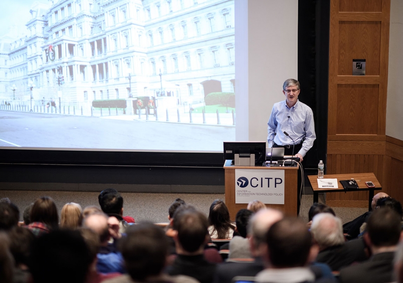 Photo of Professor Ed Felten describing his DC experience to a packed auditorium.