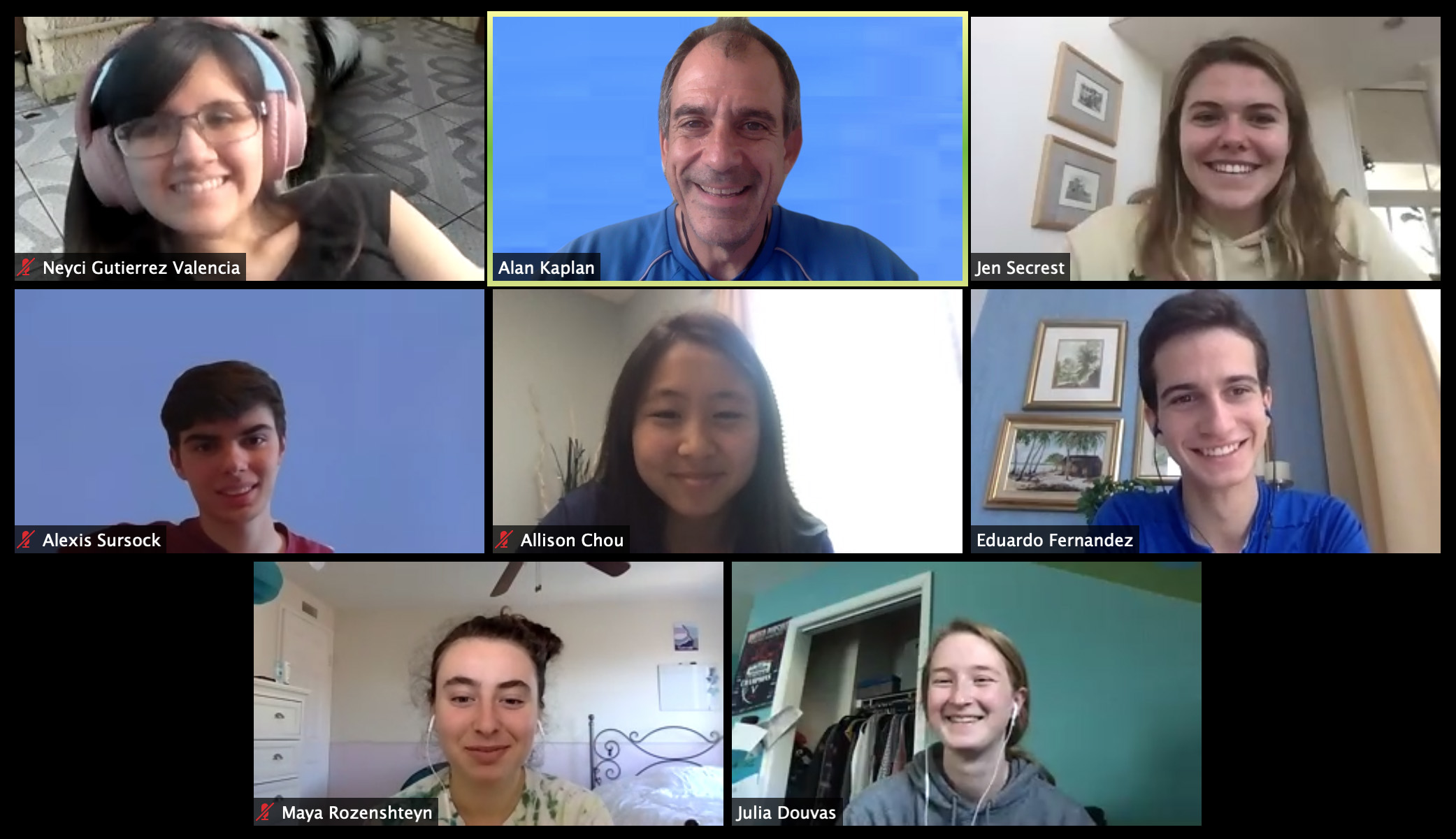 Screen shot of a Zoom meeting with eight people. From top left to bottom right, Neyci Gutiérrez Valencia, Alan Kaplan, Jennifer Secrest, Alexis Sursock, Allison Chou, Eduardo Fernandez, Maya Rozenshteyn, and Julia Douvas.