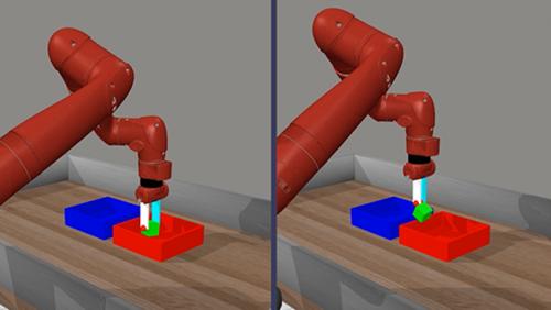 Robots moving green blocks into a blue box