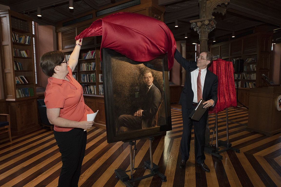 The Alan Turing portrait was unvieled by University President Christopher L. Eisgruber and Professor Jennifer Rexford before an audience in Chancellor Green.